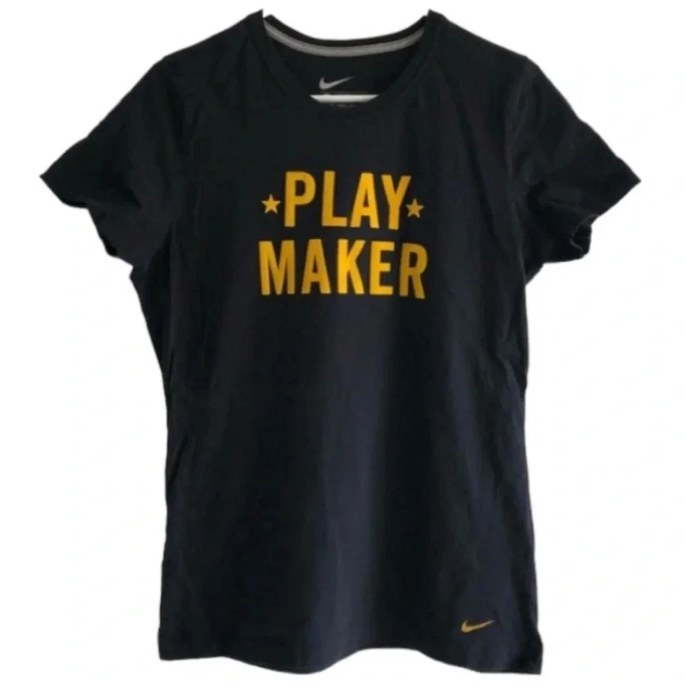 Nike *Play Maker* Slim Fit Women’s T-shirt in black & yellow felt text in medium